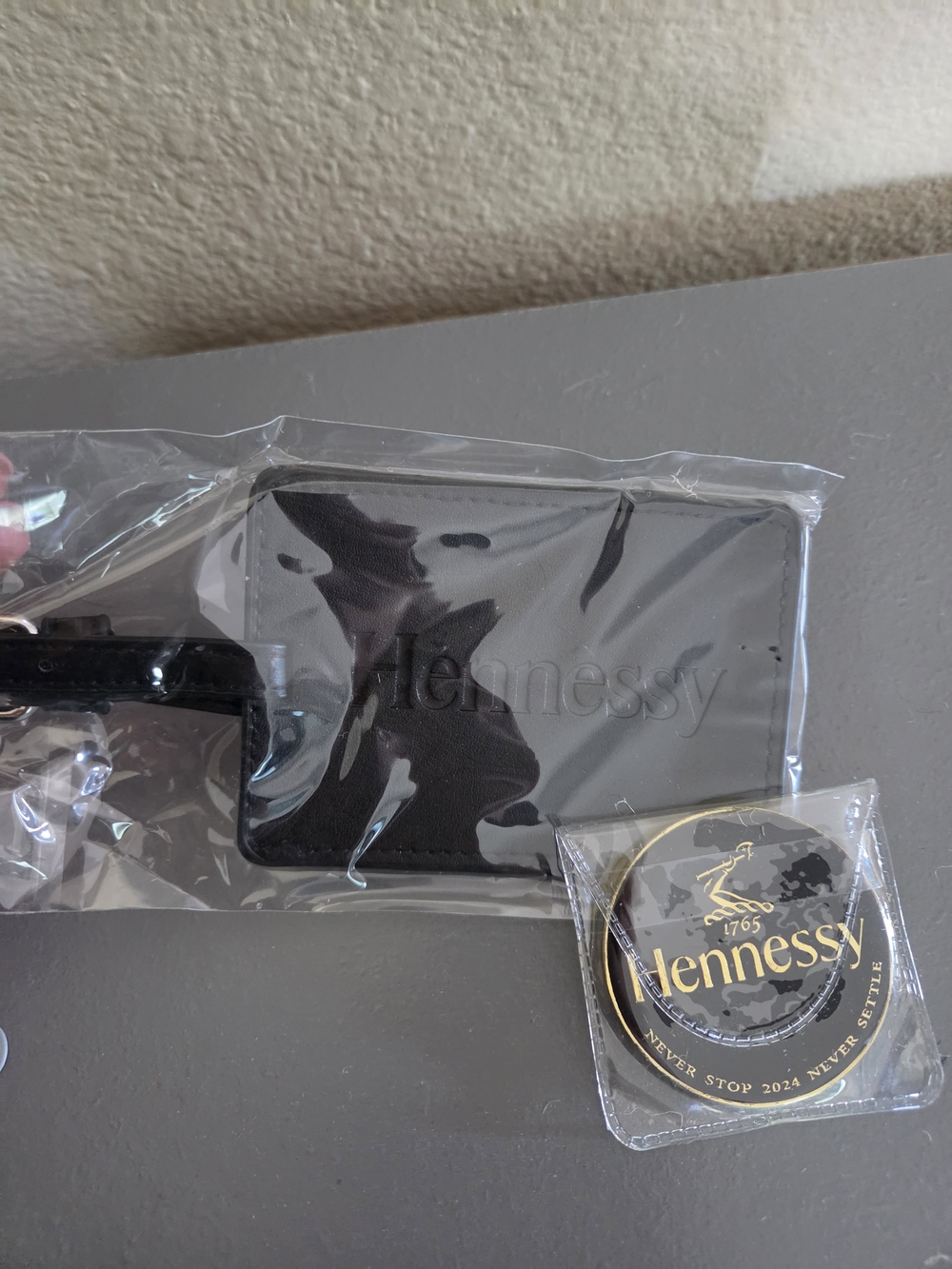 Hennessy Black Leather Luggage Tag Holder with Gold Logo Pin